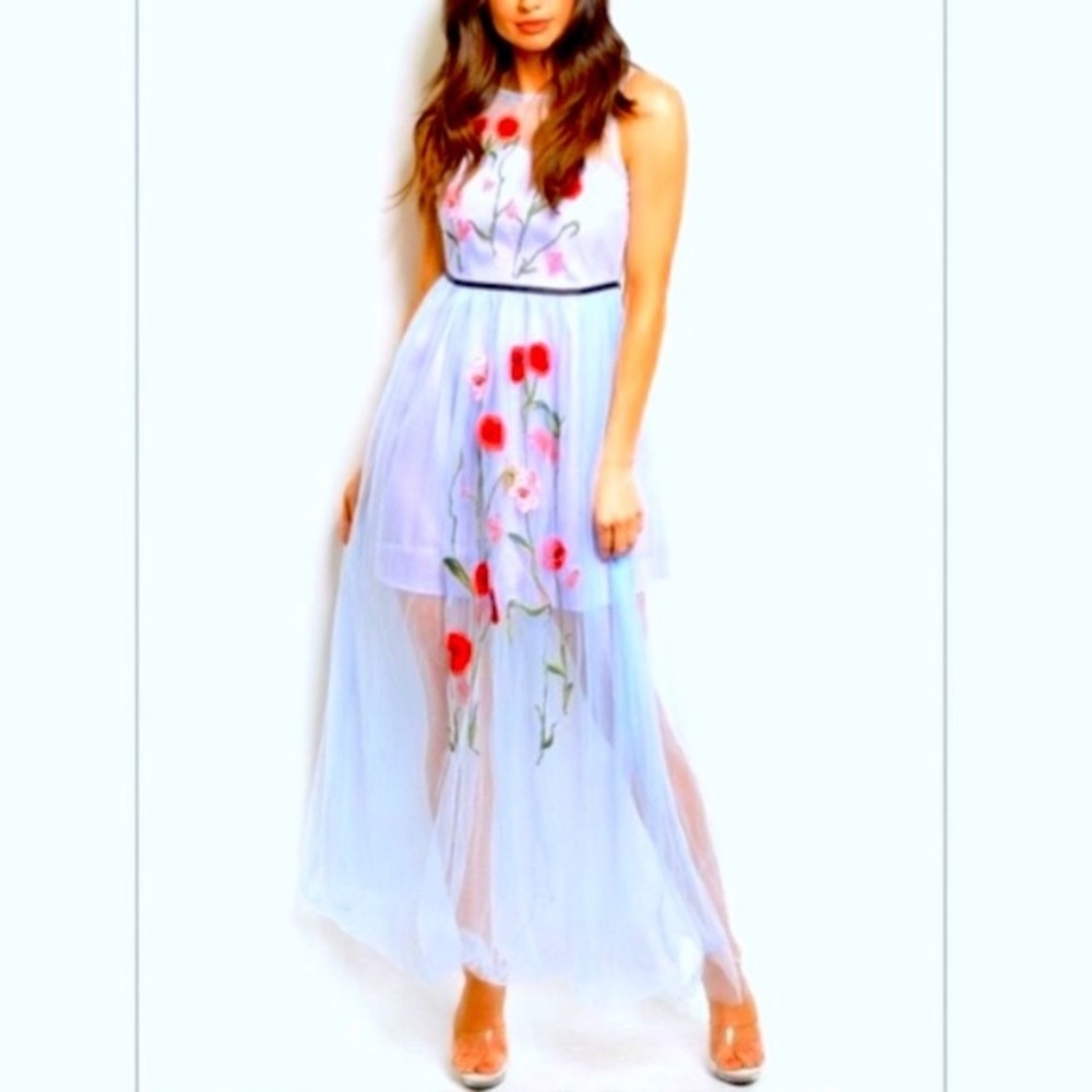 Floral Embroidered Mesh Maxi Dress Semi Sheer